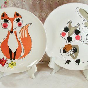 Set of Four, Crate and Barrel Fox and Squirrel Dessert Lunch Plates, Melamine